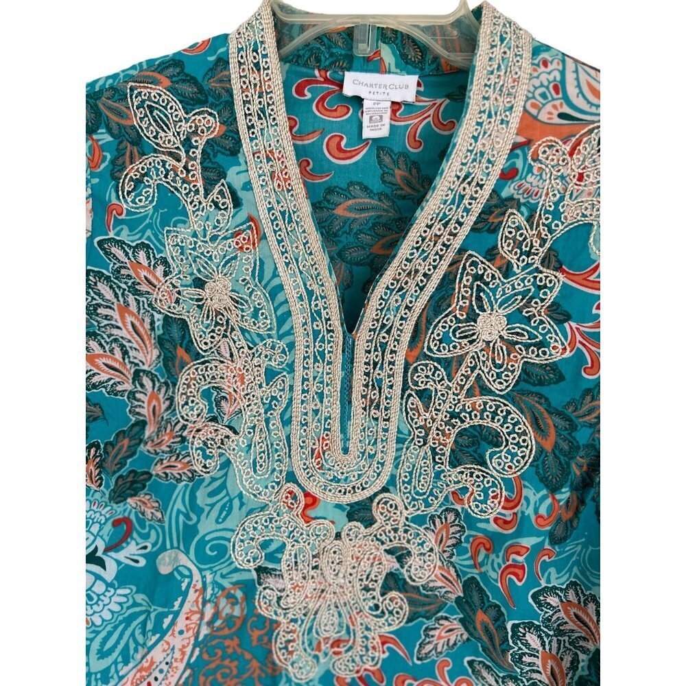 Charter Club Tunic Top Blouse Cotton Embroidered Paisley Size Small - Picture 2 of 6